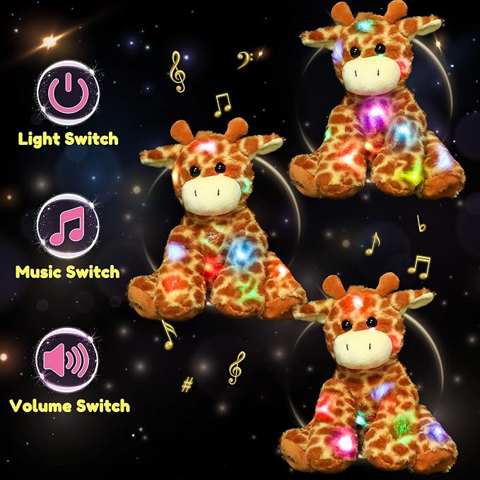 Hopearl LED Musical Stuffed Giraffe Lighting Up Singing Plush Toy Adjustable Volume Lullaby Animated Soothe Birthday Festival for Kids Toddlers Boys Girls, Orange, 11''