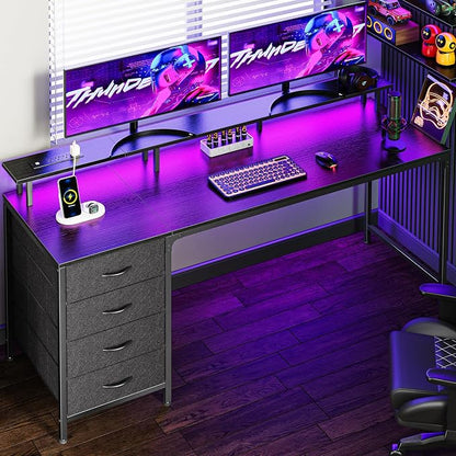 Huuger 63 Inch Computer Desk with Power Outlets and LED Lights, Gaming Desk with 4 Drawers, Office Desk with Monitor Stand, Study Desk Work Desk for Home Office, Black