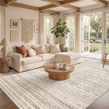 Nakagishi Area Rug Living Room Rugs: 9x12 Large Soft Machine Washable Boho Moroccan FarmNeutral Stain Resistant Indoor Floor Carpet for Bedroom Under Dining Table Home Office Decor-Brown