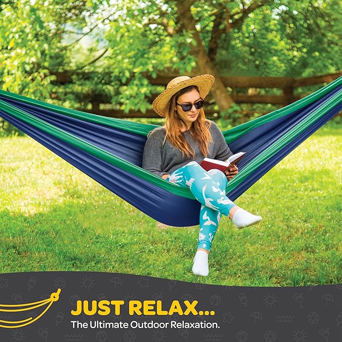 Durable Hammock 400 lb Capacity, Nylon Camping Hammock Chair - Double or Single Sizes w/Tree Straps and Attached Carry Bag - Portable for Travel/Backpacking/Beach/Backyard (Medium, Khaki & Army Green)