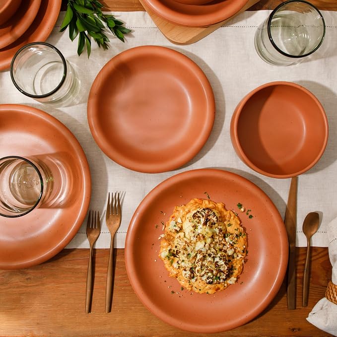 Bloomhouse - Two Time Oprah's Favorite Things Winner - Corsica Clay 12-Piece Stoneware Rustic Reactive Glaze Dinnerware Set - Stackable Plates Bowls Set Service for 4 - Matte Burnt Apricot Terracotta