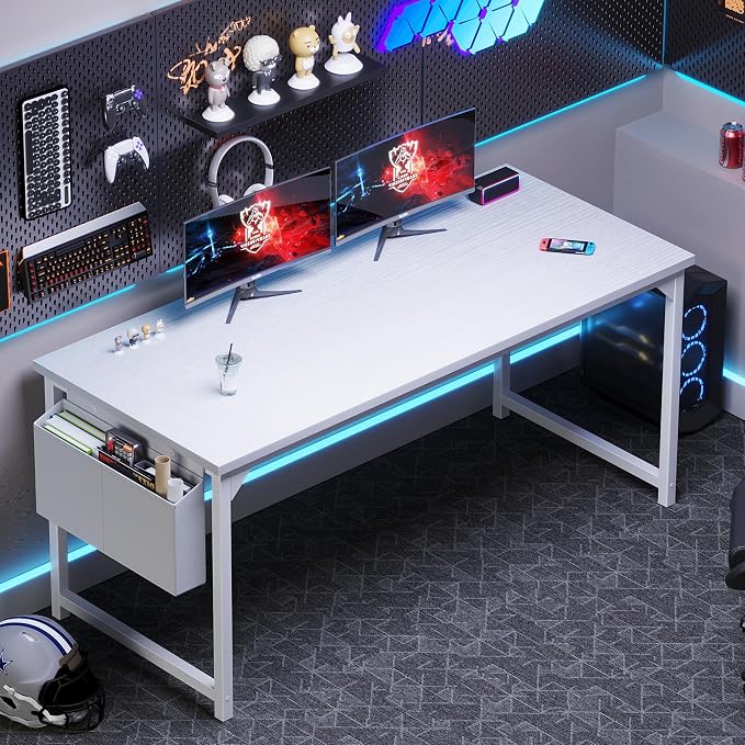 OLIXIS Computer Desk, 63 Inch Gaming Desks for Home Office Small Spaces | Writing Study Craft Work Table, Computer Workstation for Bedroom with Storage Bag, All White