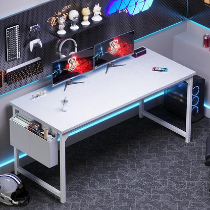 OLIXIS Computer Desk, 63 Inch Gaming Desks for Home Office Small Spaces | Writing Study Craft Work Table, Computer Workstation for Bedroom with Storage Bag, All White