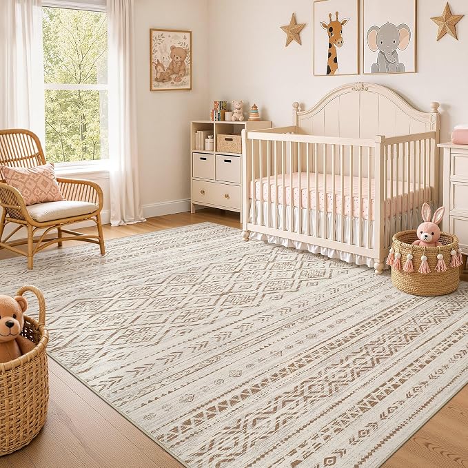 Nakagishi Area Rug Living Room Rugs: 9x12 Large Soft Machine Washable Boho Moroccan FarmNeutral Stain Resistant Indoor Floor Carpet for Bedroom Under Dining Table Home Office Decor-Brown