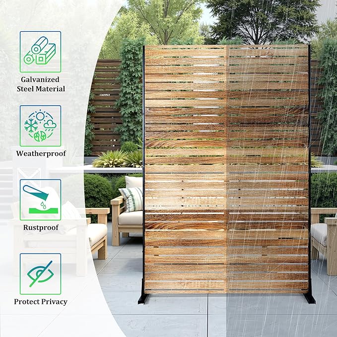 FENCY Metal Privacy Screen 72" H×47" W Natural Wood Color Outdoor Privacy Screen, Freestanding Decorative Privacy Fence Panels for Deck Balcony Patio