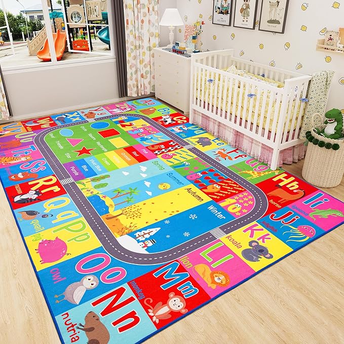 HOMORE Kids Educational Rug, 7x10 Kids Collection Area Rug for Learning Alphabet, Numbers, Colors, Season and Animal Words, Playmat for Classroom Playroom