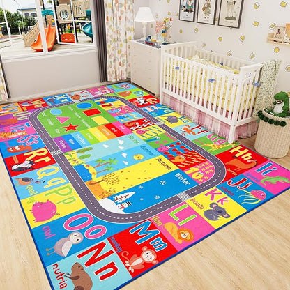 HOMORE Kids Educational Rug, 7x10 Kids Collection Area Rug for Learning Alphabet, Numbers, Colors, Season and Animal Words, Playmat for Classroom Playroom