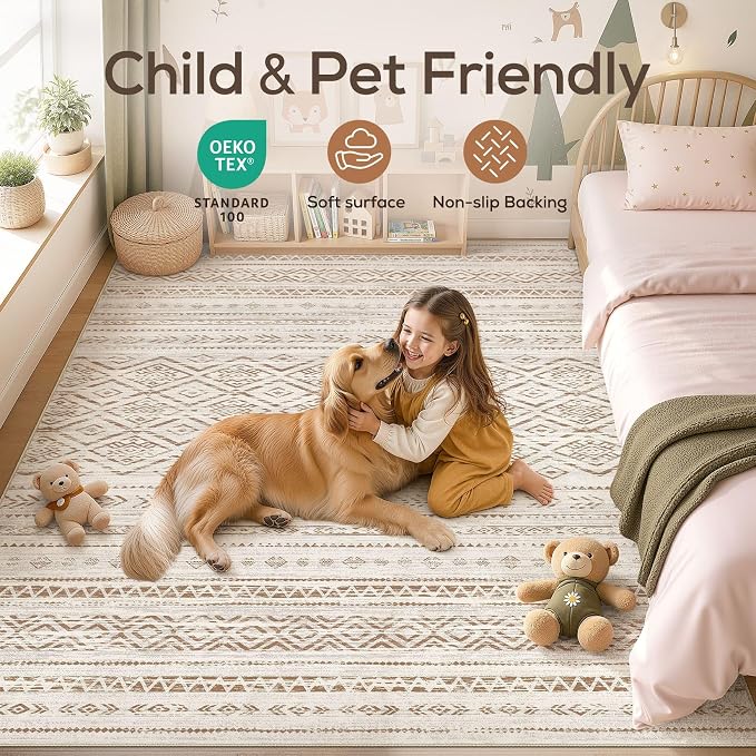 Nakagishi Area Rug Living Room Rugs: 9x12 Large Soft Machine Washable Boho Moroccan FarmNeutral Stain Resistant Indoor Floor Carpet for Bedroom Under Dining Table Home Office Decor-Brown