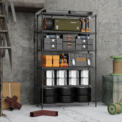6 Tiers Storage Shelves Load 2100LBS, Metal Shelving Wire Metal Shelving Unit Shelves for Storage Adjustable Garage Shelving for Pantry Kitchen Garage Black 17.7" D x 47.3" W x 82.4" H