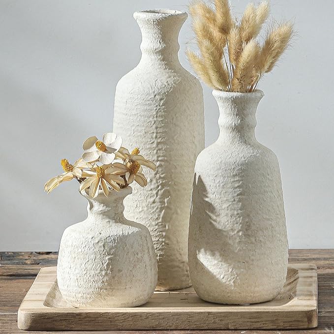 Ceramic Vase Set of 3, Neutral Rustic Vases Home Decor Farmhouse Decorative Vase Whitewashed Pottery Decor Boho Modern for Table Mantel Entryway Bookshelf Living Room Kitchen Bathroom Bedroom - White