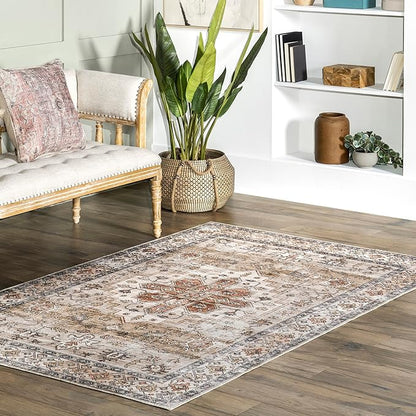 nuLOOM Dawson Machine Washable Distressed Medallion Ultra Thin Area Rug, 8' x 10', Beige