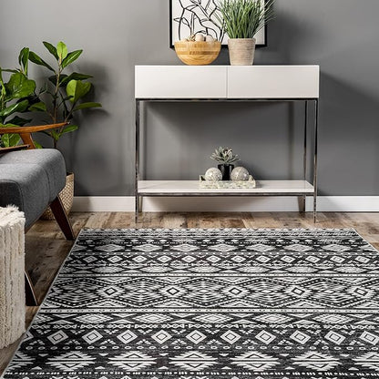 nuLOOM Madlyn Tribal Machine Washable Ultra Thin Area Rug, 5' x 8', Charcoal