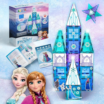 Tytan Toys Disney Frozen Magnetic Tiles Princess Castle - 68-Piece STEAM Building Set with Glitter Tiles & Elsa, Anna, Olaf Stickers - Educational Frozen Toys for Girls Age 3-4+