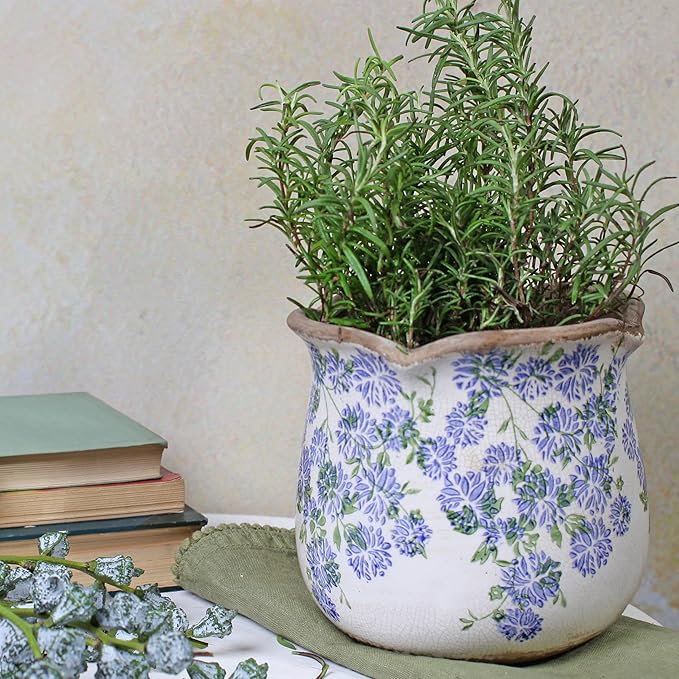 Ceramic Pots for Plants, Vintage Plant Pot with Drainage Hole, 6.11in. Planter for Indoor Plants, Crackle Glaze Finish Flower Pot, Perfect Tuscan Ceramic Planter for Gardening, Antique Blue Meadow