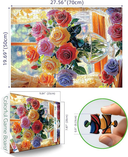 1000 Piece Puzzle for Adults, Colorful Mixed Rose Bouquet Jigsaw Puzzle with Letters on Back for Family, Adults, Gifts, Party Game, Finished Size 27.5" x 19.7"
