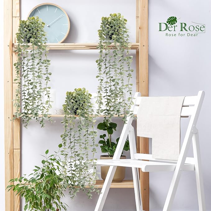 Der Rose 3Pcs Fake Plants Hanging Artificial Decor Faux Potted Eucalyptus Plants for Boho Bathroom Home Office Desk Wall Shelf Bookcase Accessories Decor Indoor