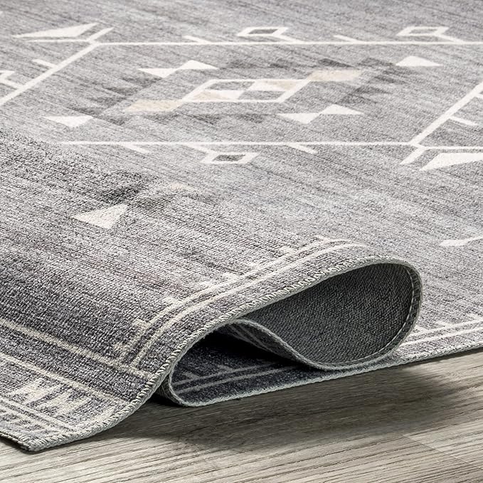 nuLOOM Evalyn Southwestern Machine Washable Ultra Thin Area Rug, 4' x 6', Grey