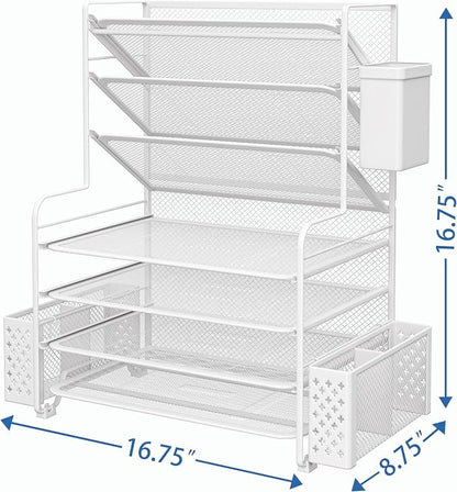 Simple Trending 7 Tier Desk File Organizer, Letter Tray Paper Organizer with Pen Holder and Metal Hanging Basket, White