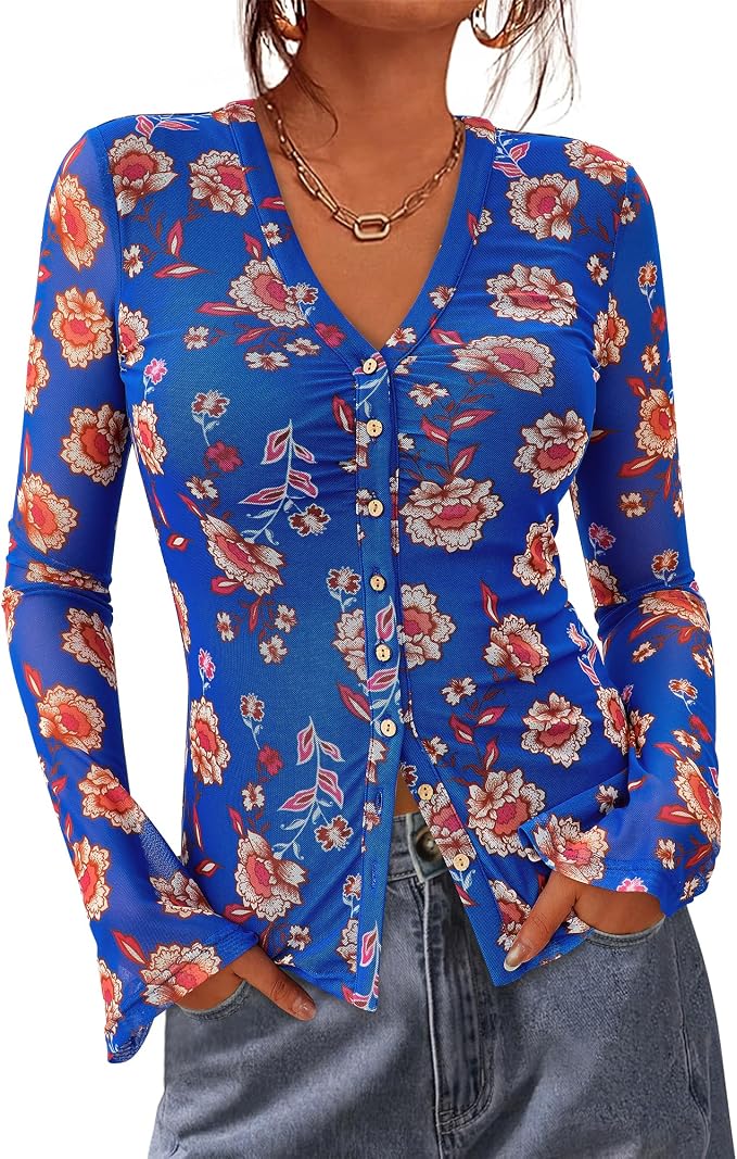 BTFBM Button Down Shirts for Women 2026 Fall Boho Tops V Neck Long Sleeve Blouses Ruched Mesh Fitted Fashion Clothing