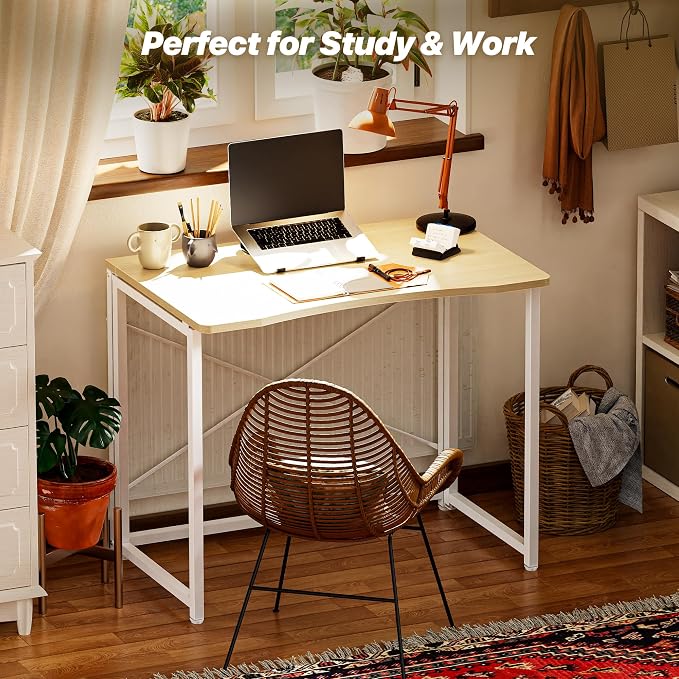 Huuger Folding Desk for Small Spaces, 31.5 Inch Foldable Computer Table, Easy Assembly, for Home Office, Study, Bedroom, Dorm, Space Saving, Small Writing Work Office Computer Desk, Oak