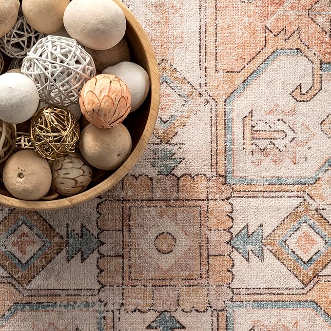 nuLOOM Dawson Machine Washable Distressed Medallion Ultra Thin Area Rug, 6' x 9', Peach