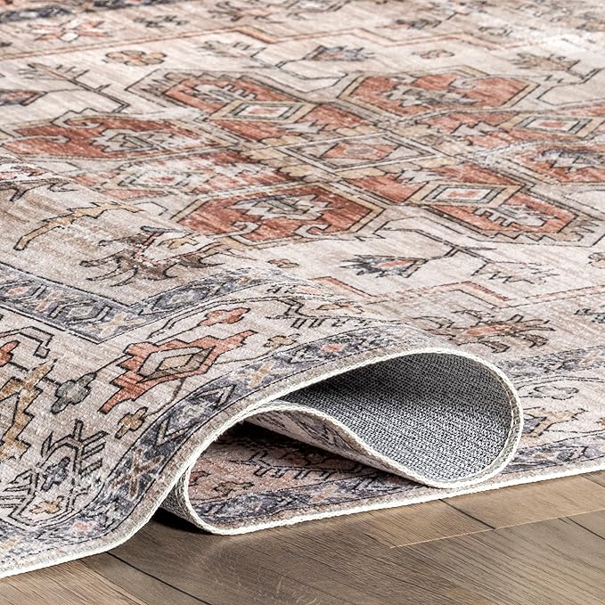 nuLOOM Dawson Machine Washable Distressed Medallion Ultra Thin Area Rug, 8' x 10', Beige