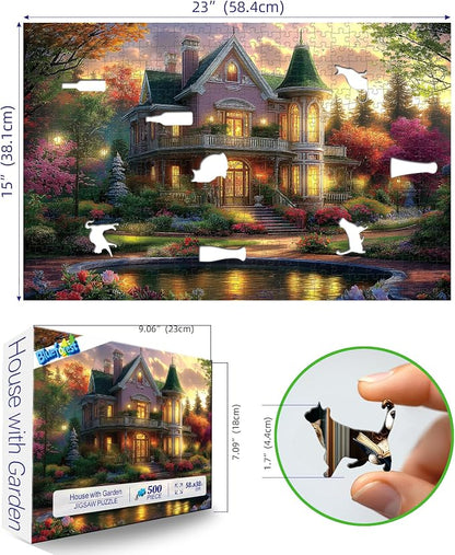 Victorian House Sunset 500 Piece Puzzle for Adults - Jigsaw Puzzles with Autumn Flowers & Scenic Landscape - Lakeside Cottage Challenging Puzzles for Adults & Seniors Gift (23"x15")