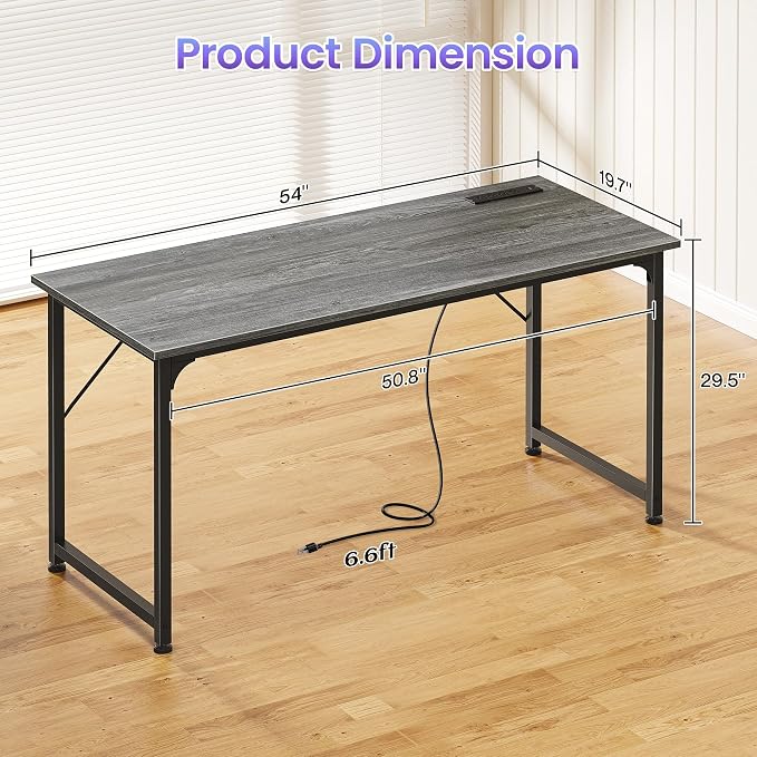 PRAISUN 55 X 20 Inch Computer Desk, Power Outlets, USB-C, Grey | Office Desk with 4 AC Outlets, USB & USB-C, Sturdy Metal Frame, Spacious Desktop for Work, Writing, Study & Gaming
