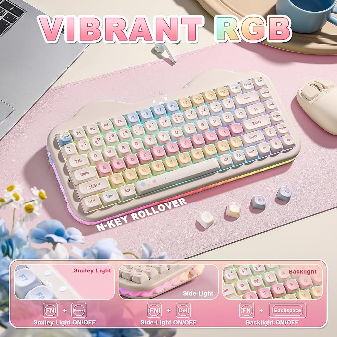 YUNZII C75 Cute 75% Wireless Mechanical Keyboard (Beige, Candy Switch) | Creamy Cake Keyboard, BT5.0/2.4G/USB-C, Hot-Swap, NKRO, PBT MOA Keycaps,5500mAh RGB Gasket Mount for Mac/Win/Gaming/Office