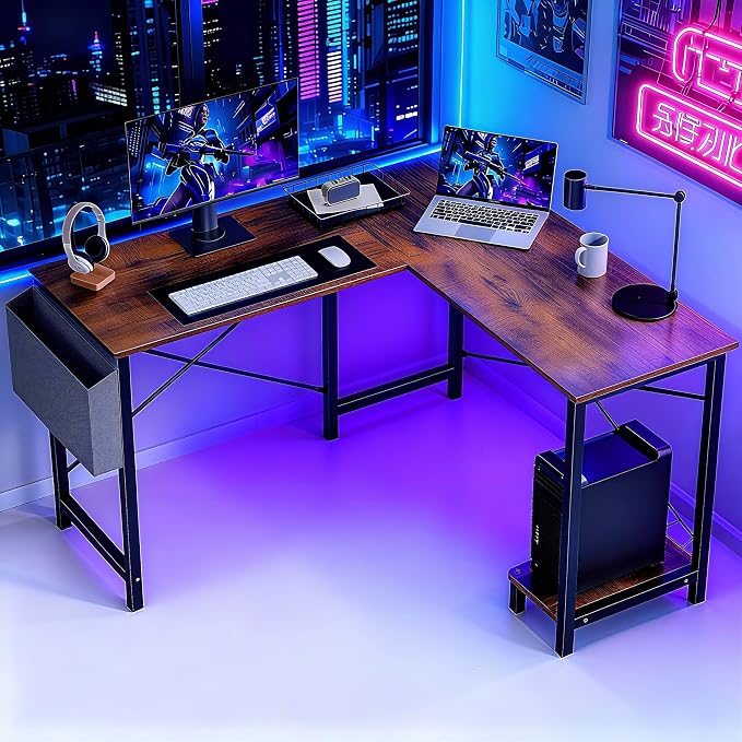 OLIXIS L Shaped Desk, 50-Inch Office Computer Gaming Desks Corner PC Table with Side Bag and Reversible Shelf for Home Work Study Writing Rustic Brown | Side Bag, Reversible Shelf, Home Work Study Writing, PC Workstation, Easy Assembly, Rustic Brown