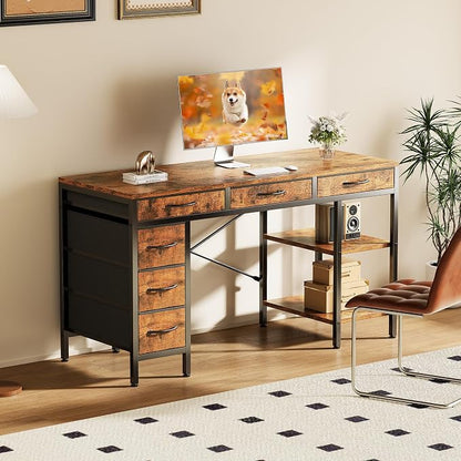 Sweetcrispy 55" Computer Desk with 6 Fabric Drawers & Storage Shelves | Reversible Gaming Desk, Office Desk, Computer Workstation, Corner Desk with Storag, Home Office, Living Room, Rustic Brown