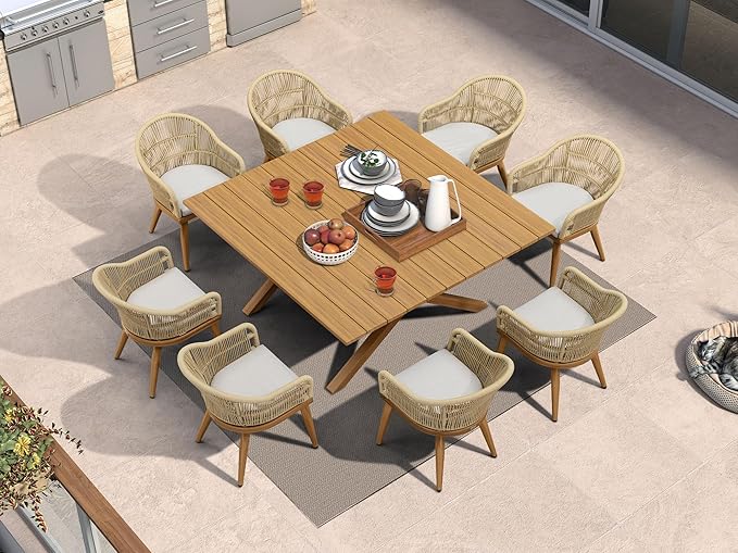 PURPLE LEAF 9 Pieces Patio Dining Set with Outdoor Aluminium Square Dining Table and Woven Chairs Modern Metal Furniture Cushions Sets for Garden Yard Indoor Decor Kitchen Teak