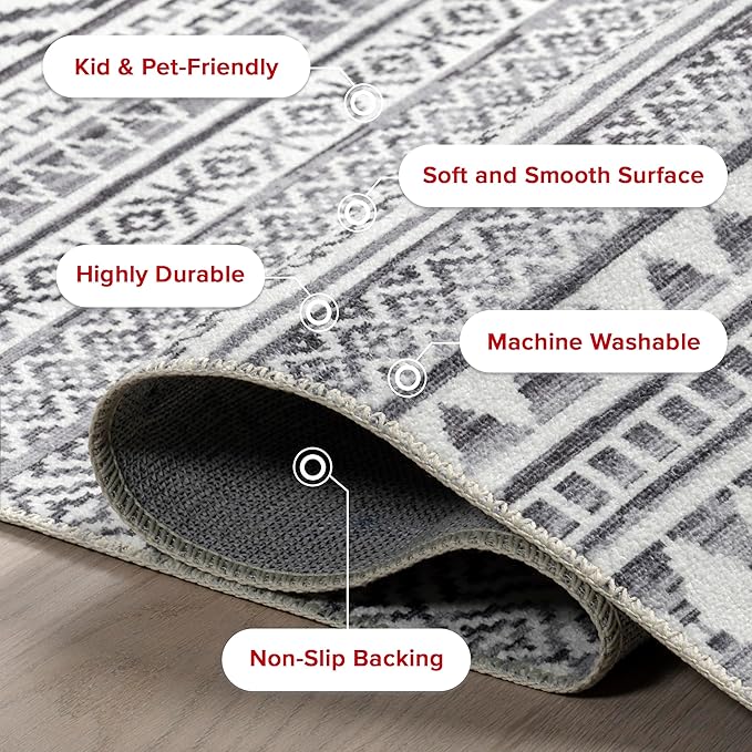 nuLOOM Kira Machine Washable Tribal Geometric Ultra Thin Area Rug, 8' Square, Grey