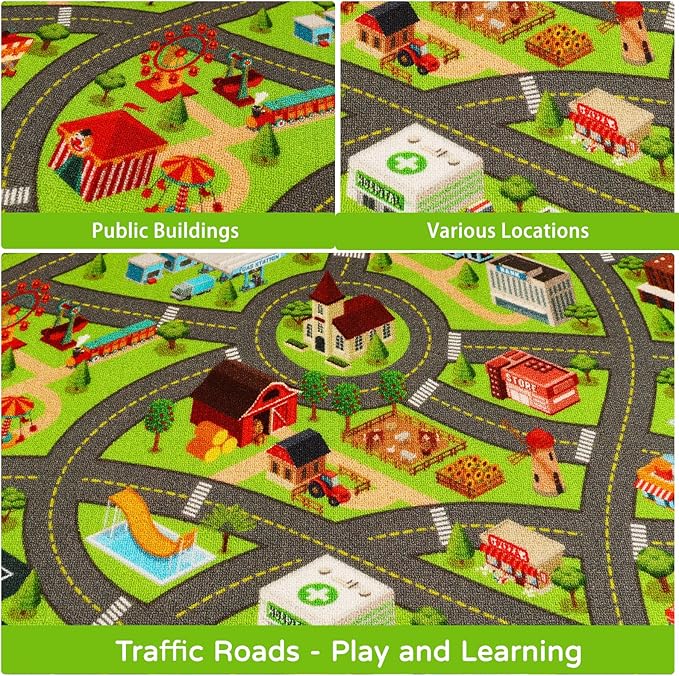 Kids Rugs Traffic Road Carpet for Car City Map Play Rug 3.3'×5' for Playroom Educational Mat Area Rug, Kid Playtime Collection Toddler Car Track Rug Cute Cartoon (City Road A, 39.4×59 in)