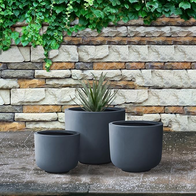 Kante 13",11",9" Dia Round Concrete Large Plant Pots Outdoor Indoor Planters Bowl with Drainage Hole for Patio, Set of 3,Charcoal