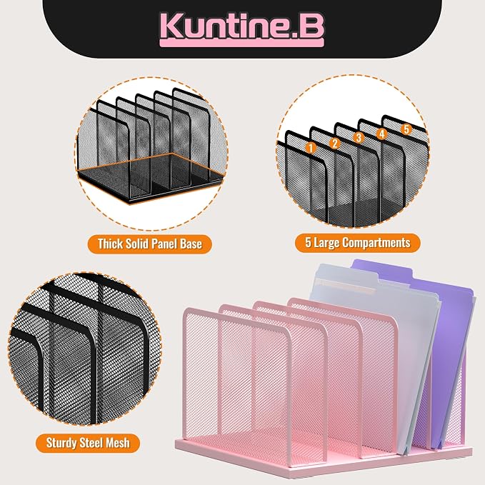 Kuntine.B 5-Section Upright Desk File Organizer Pink 1 Pack | Vertical, Mesh, Metal, Assembly, Stability, Sturdiness, Organization, Standing
