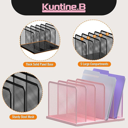 Kuntine.B 5-Section Upright Desk File Organizer Pink 1 Pack | Vertical, Mesh, Metal, Assembly, Stability, Sturdiness, Organization, Standing