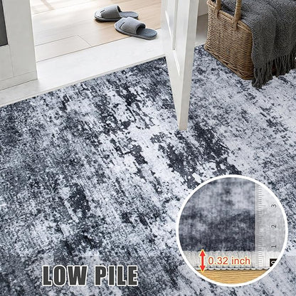 Round Area Rug for Living Room: 4 ft Washable Modern Abstract Soft Thin Rug Indoor Floor No Slip Stain Resistant Carpet for Bedroom Dining Room Farmhouse Nursery Home Office - Black