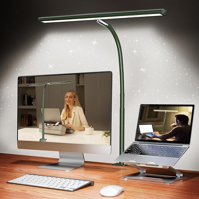 Airlonv LED Desk Lamp for Office Home, Eye-Caring Desk Light with Stepless Dimming Adjustable Flexible Gooseneck, 10W USB Adapter Desk Lamp with Clamp for Reading, Study, Workbench (Green)