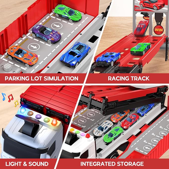 Carrier Truck Race Track Kids Toys, Foldable 3 Layer Toddler Track Playset, Toy Truck Transport Car Carrier & 8 Race Cars, Truck Car Toddlers Toys Xmas Gifts for Age 3 4 5 6+ Years Old Boys Girls