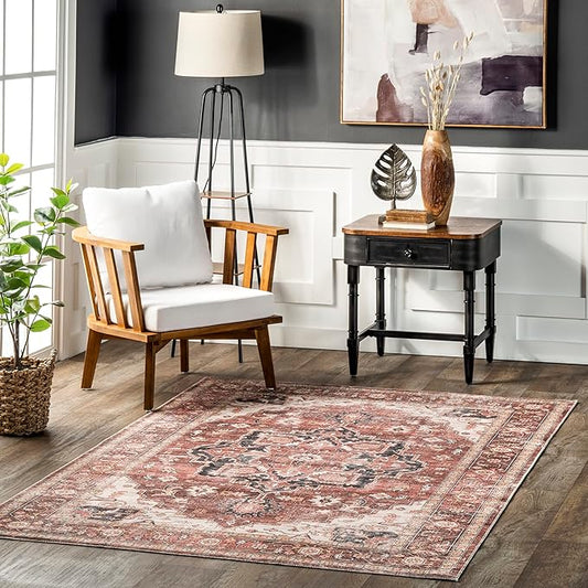 nuLOOM Emmy Faded Persian Machine Washable Ultra Thin Area Rug, 4' x 6', Red