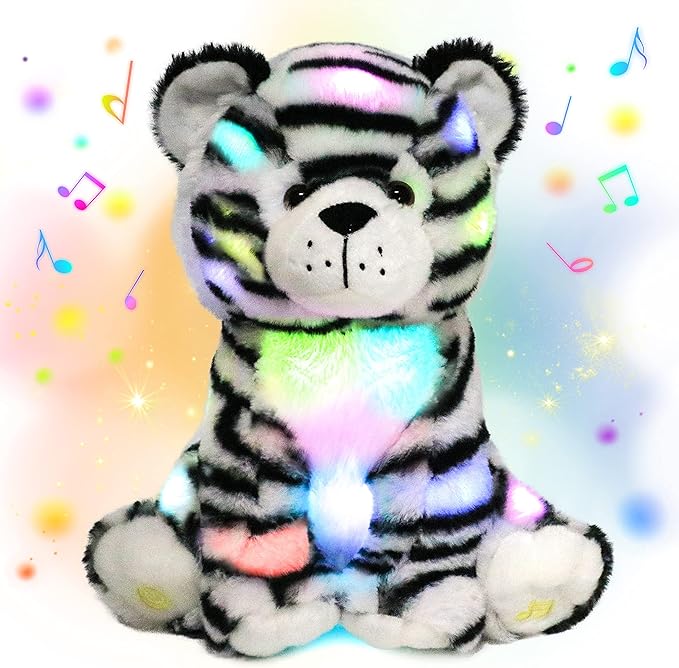 Hopearl LED Musical Stuffed Tiger Lighting Up Singing Plush Toy Adjustable Volume Lullaby Animated Soothe Birthday Festival for Kids Boys Girls, 11''