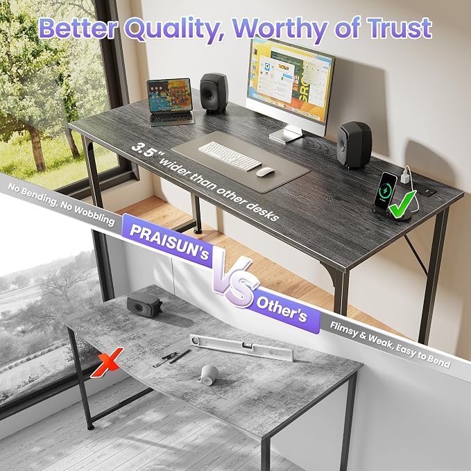PRAISUN 55 X 20 Inch Computer Desk, Power Outlets, USB-C, Grey | Office Desk with 4 AC Outlets, USB & USB-C, Sturdy Metal Frame, Spacious Desktop for Work, Writing, Study & Gaming