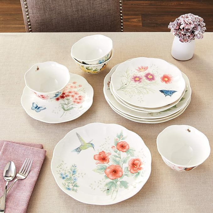 Lenox Dinnerware Set, Butterfly Meadow Flutter 12-Piece Set, Service For 4, Elegant White Porcelain, Dishwasher Safe, Chip Resistant, Plates And Bowls Sets, Home and Kitchen (Assorted, 12 Pieces)