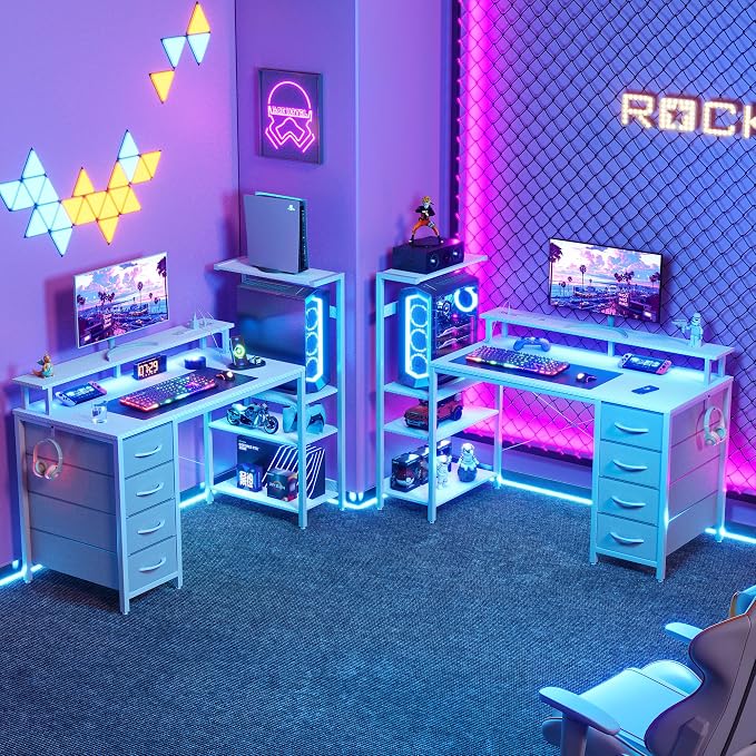 51 Inch Gaming Desk with Drawers & PC Tower Stand & LED Lights, White | Reversible, Monitor Shelf, Power Outlets, Carbon Fiber, Mesa Gamer, Computer Desk with Storage, Gaming Table for Home Office
