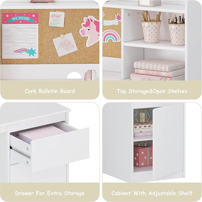 UTEX Wooden Kids Desk and Chair Set with Hutch and Storage for Ages 5-12 | Kids Study Table with Cork Bulletin Board, School Desk, Multi-Zone Storage, Water-based Paint Finish for Study Room