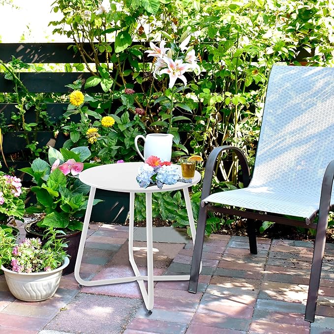 Patio Outdoor Side Table Waterproof Round Metal Steel Small Side Table Weather Resistant Portable Outdoor and Indoor End Table for Garden Balcony Yard, White