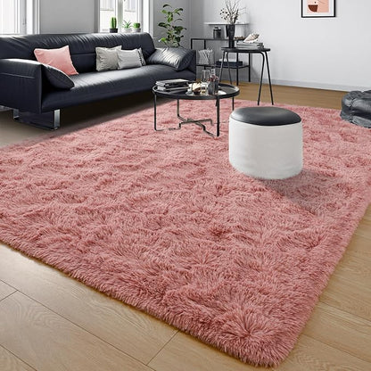 Tepook Blush Pink Area Rugs for Living Room Girls Bedroom, 8x10 Fluffy Shaggy Dusty Pink Rug for Kids Room Playroom, Plush Shag Non-Slip Carpet for Nursery Dorm Classroom, Cute Rose Beige Rug