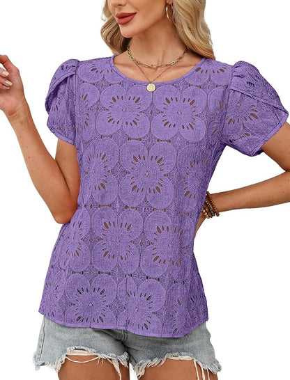 OFEEFAN Blouses for Women Dressy Casual Petal Short Sleeve Shirts Crochet Lace Boho Tops Spring Fashion Summer Outfits