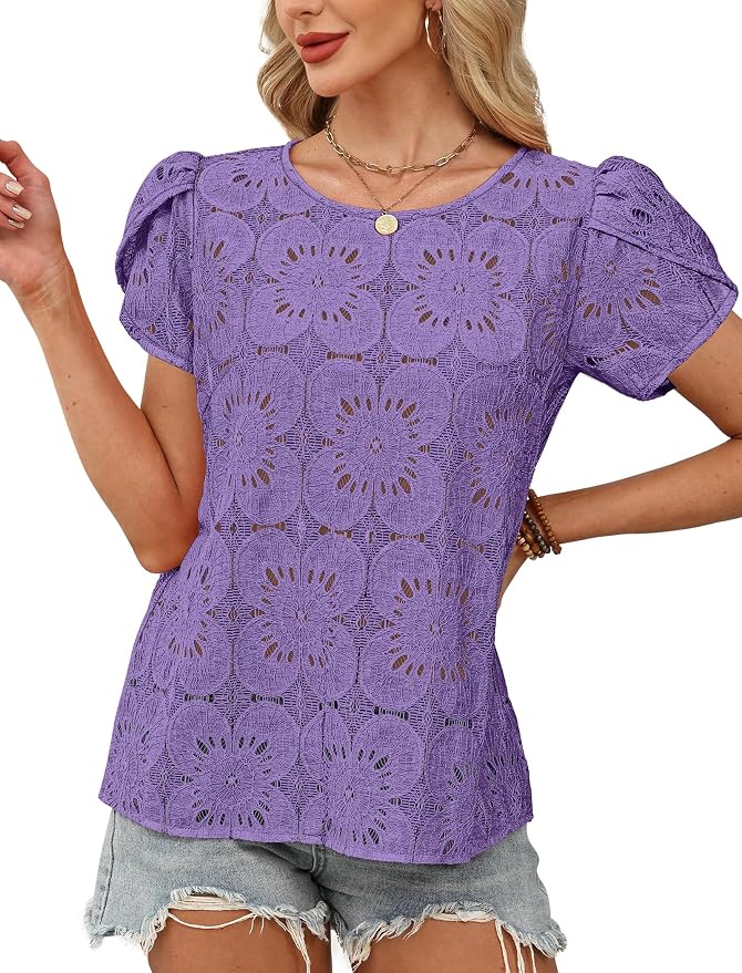 OFEEFAN Blouses for Women Dressy Casual Petal Short Sleeve Shirts Crochet Lace Boho Tops Spring Fashion Summer Outfits